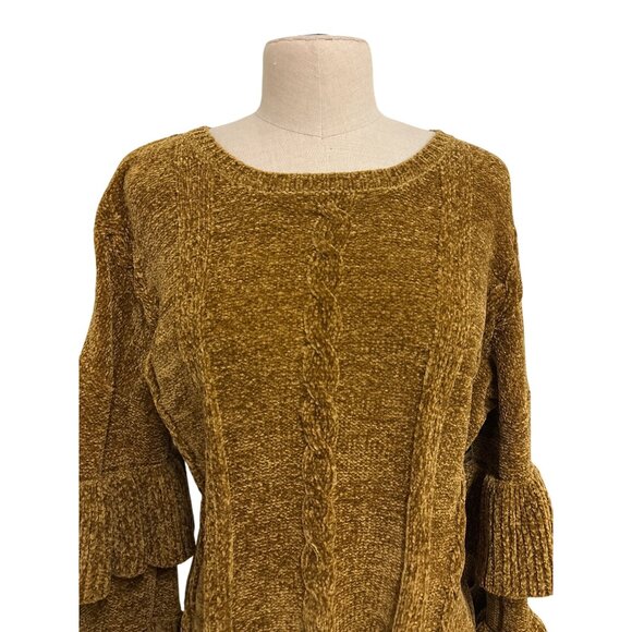 For The Republic Womens M Brown Ruffled Sleeve Chenille Sweater - Picture 5 of 13